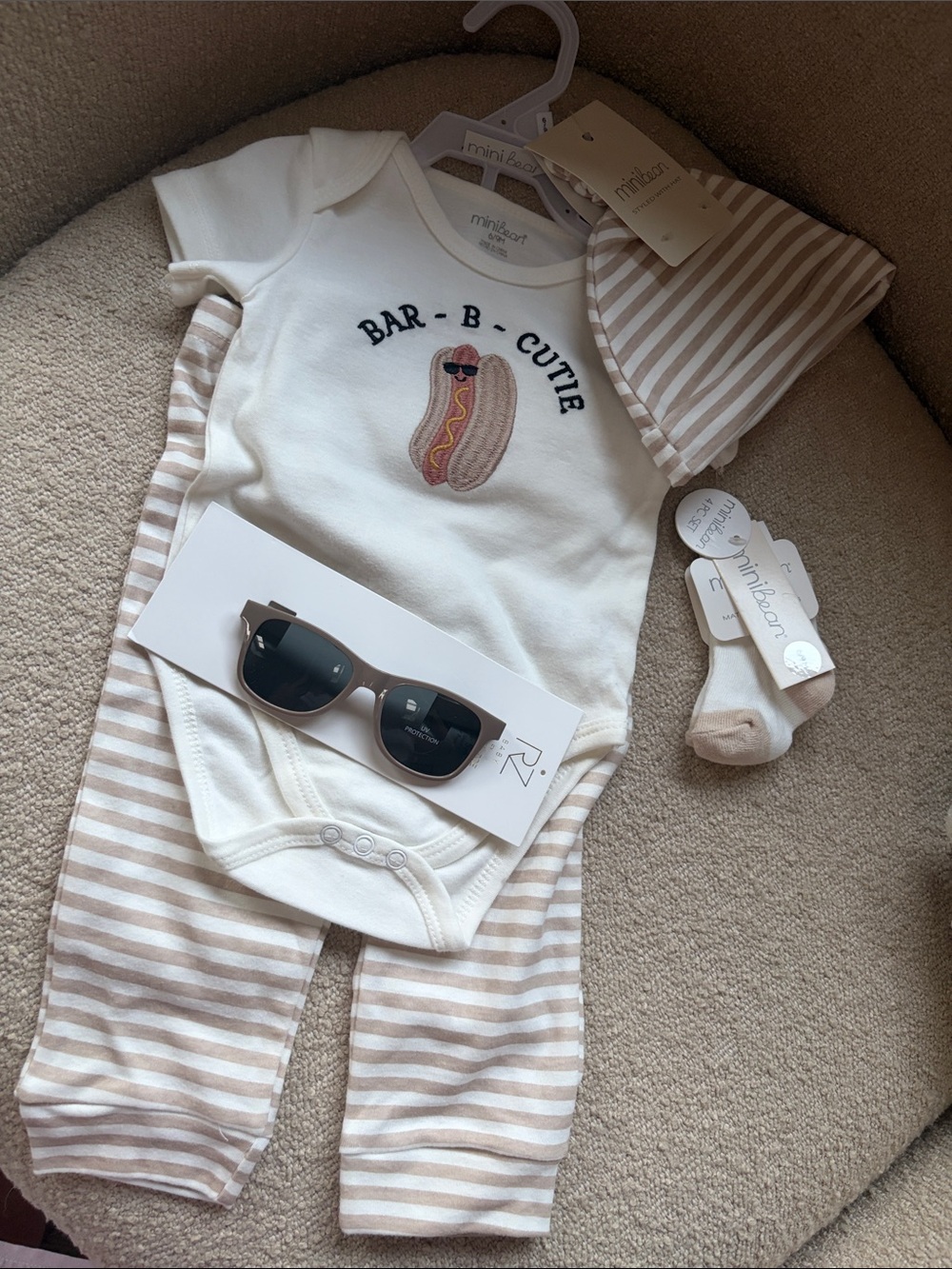 Mini Boden Cream Set with Beige Stripe Hat, socks & Pants- free sunglasses NWT